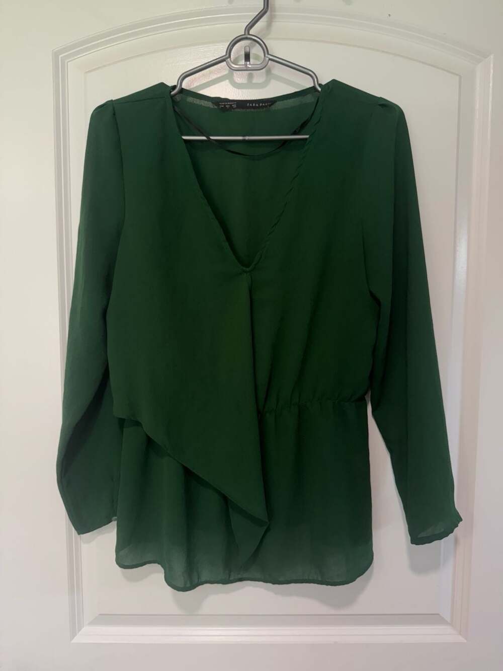 Emerald Green Draped Blouse Asymmetrical V Neck Minimalist Chic Women’s S